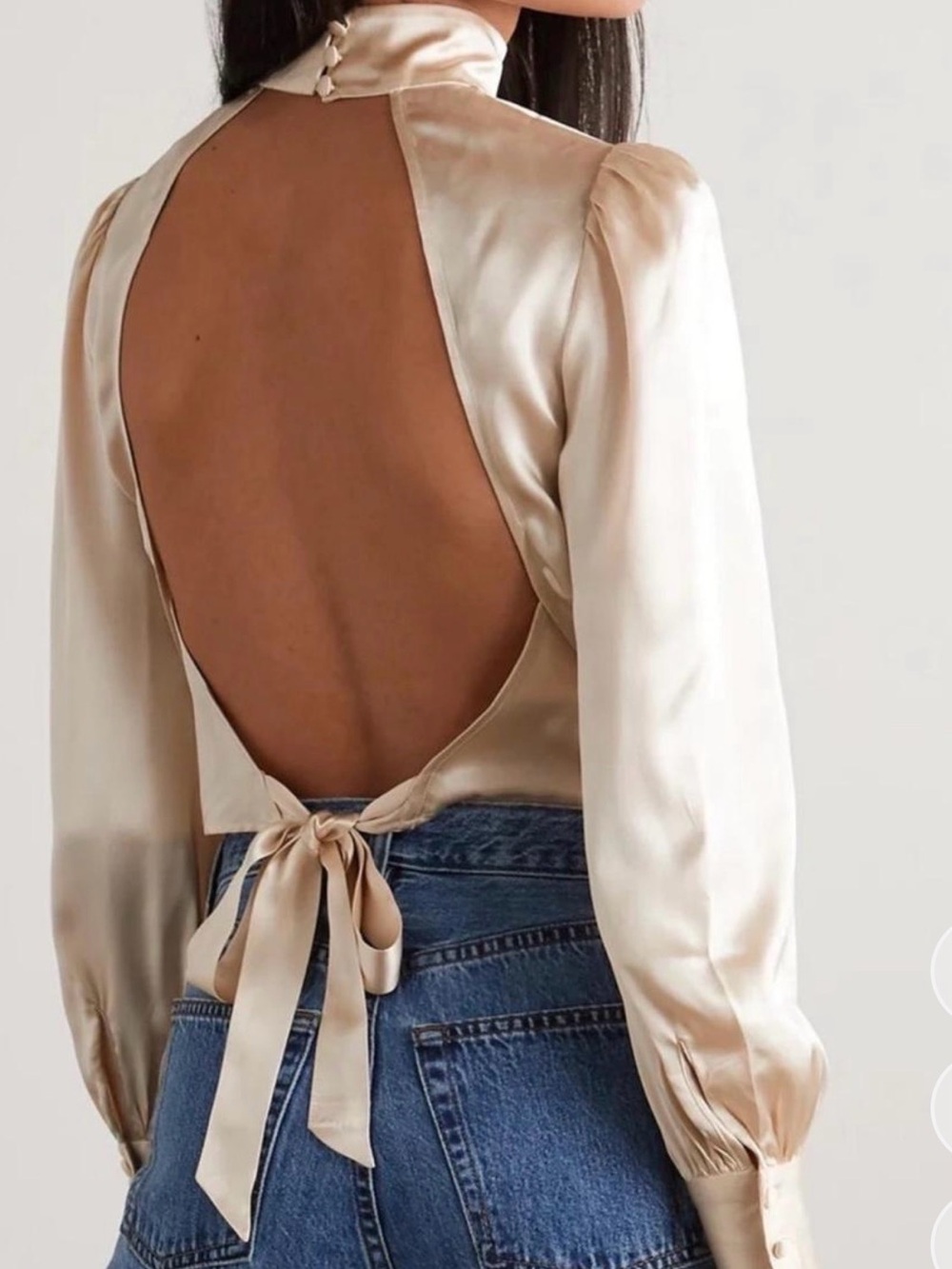 Reformation Champagne Satin Puff-Sleeve Tie-Back Blouse